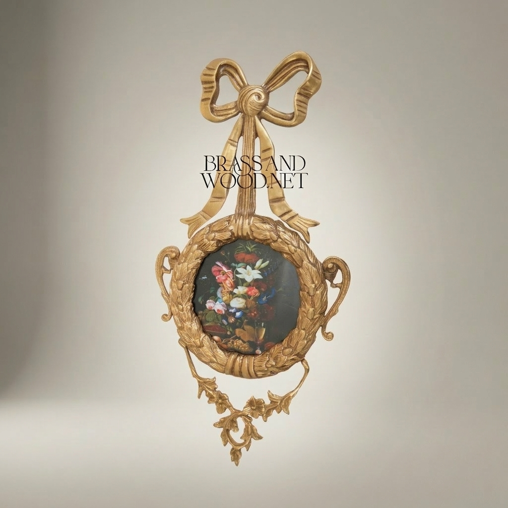 Rococo Brass Circular Wall Frame with Ribbon Bow & Acanthus Wreath — Antique Gold