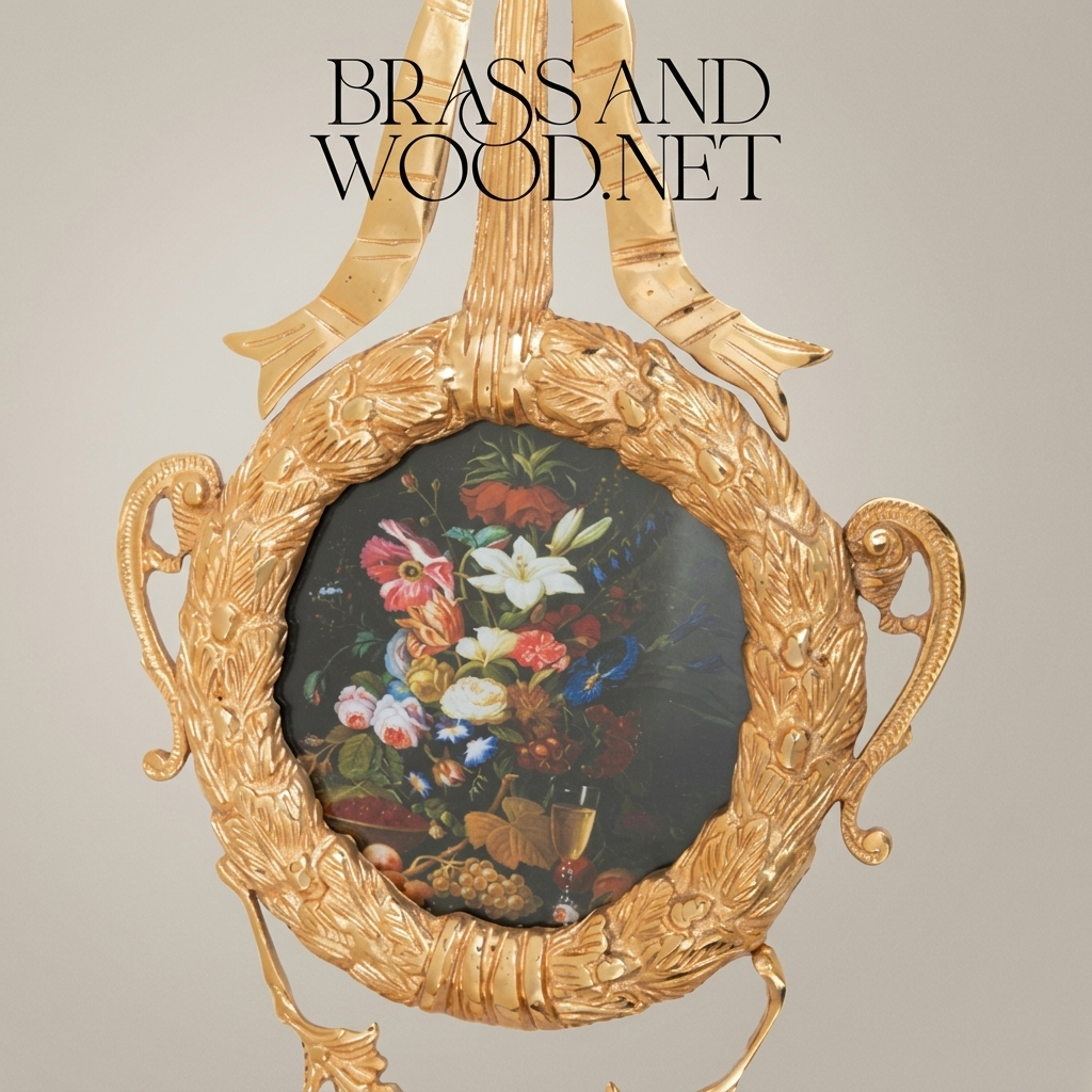 Rococo Brass Circular Wall Frame with Ribbon Bow & Acanthus Wreath — Gold
