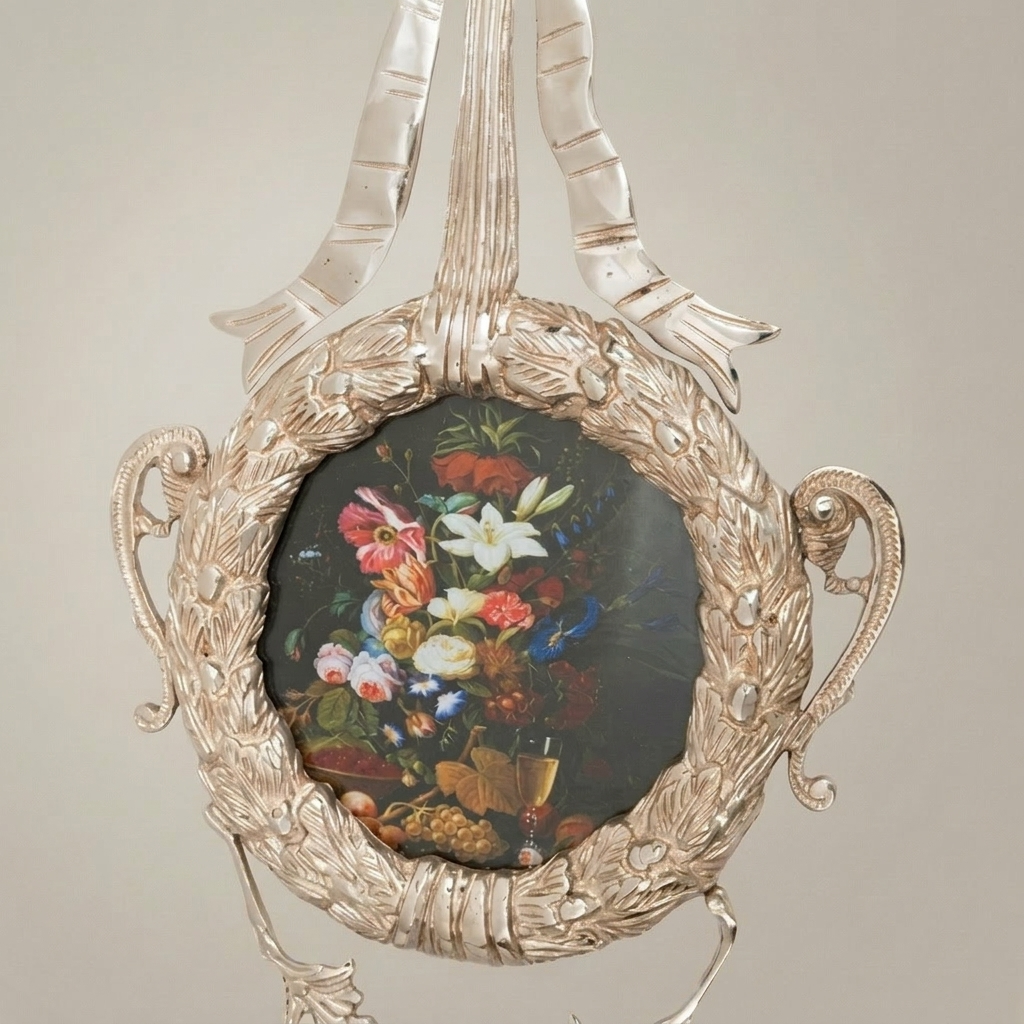 Rococo Brass Circular Wall Frame with Ribbon Bow & Acanthus Wreath — Silver