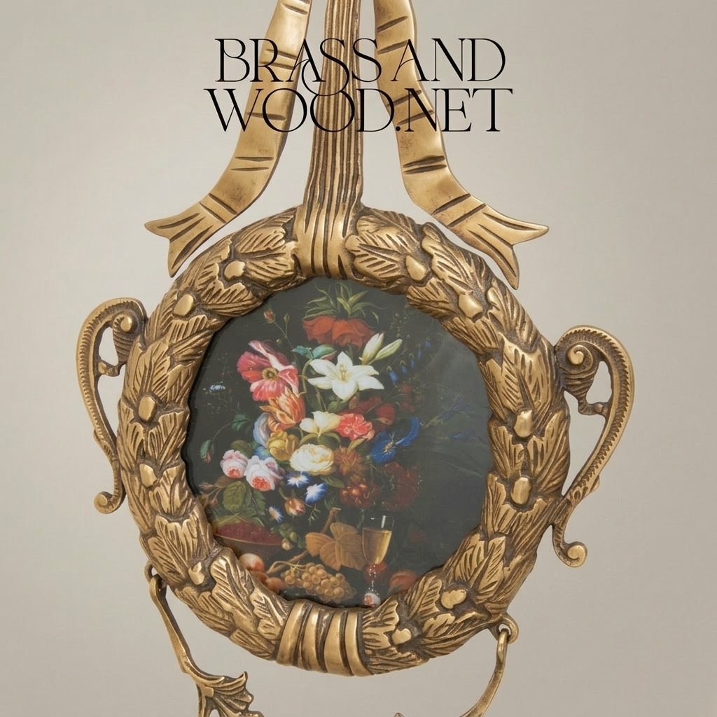 Rococo Brass Circular Wall Frame with Ribbon Bow & Acanthus Wreath — Antique Gold