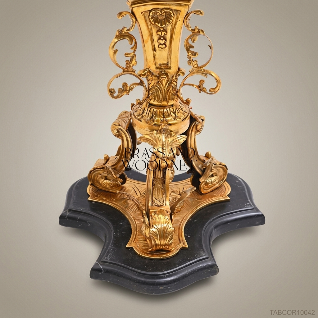 Rococo Brass Corner Table with Black Marble Top & Gold Ormolu Pedestal