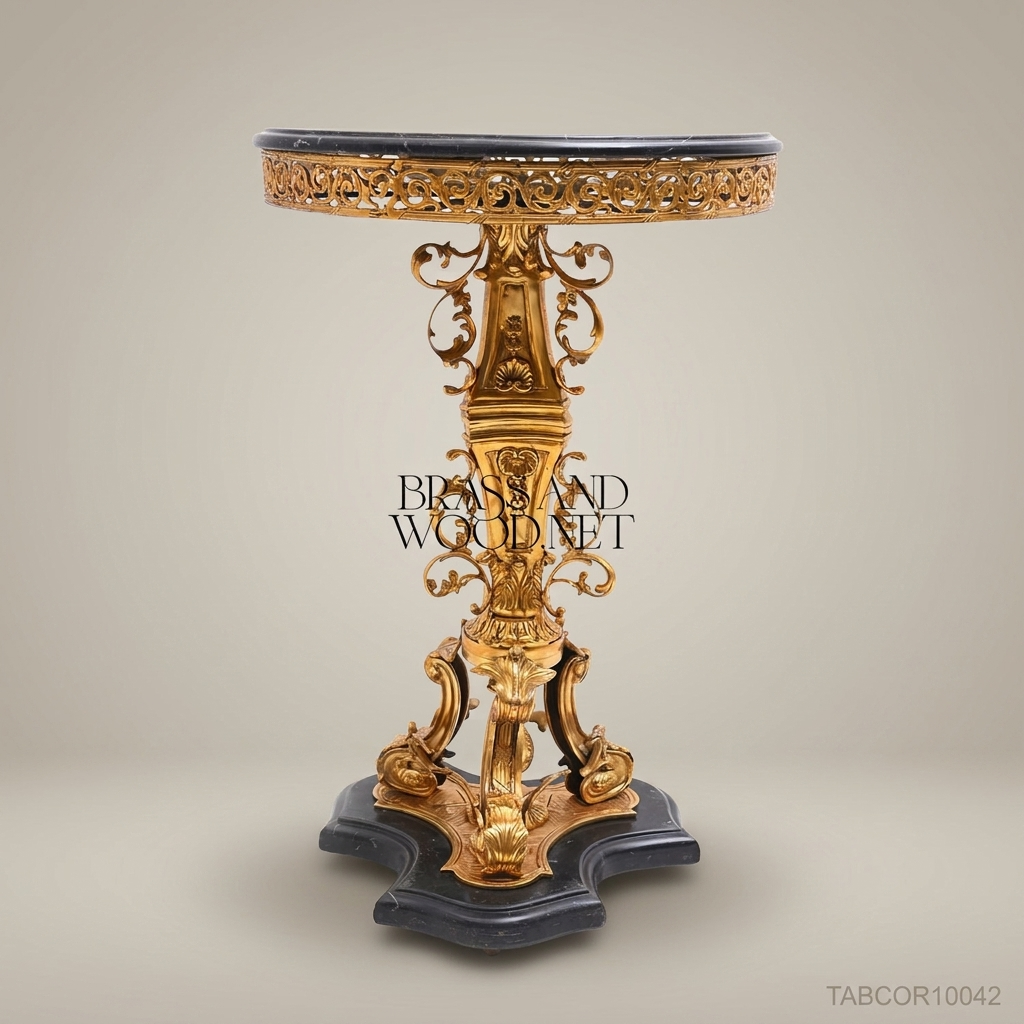 Rococo Brass Corner Table with Black Marble Top & Gold Ormolu Pedestal