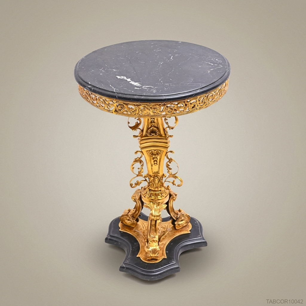 Rococo Brass Corner Table with Black Marble Top & Gold Ormolu Pedestal