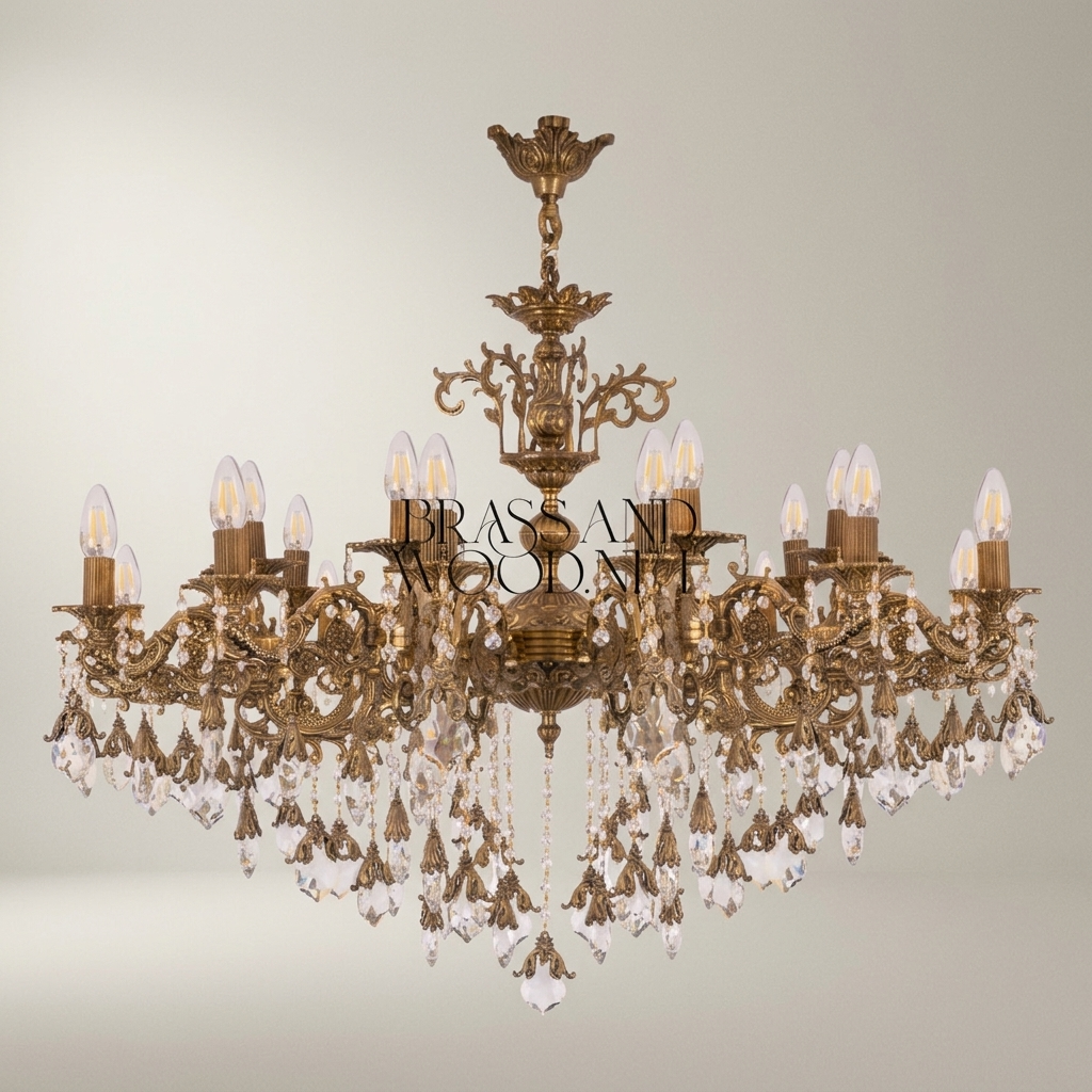 Rococo Brass & Crystal 15-Arm Grand Chandelier - Cascading Crystal Drops — Antique Gold