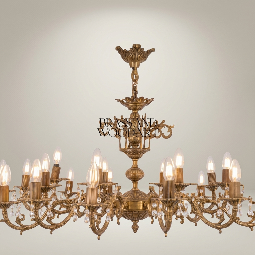 Rococo Brass & Crystal 15-Arm Grand Chandelier - Cascading Crystal Drops — Antique Gold
