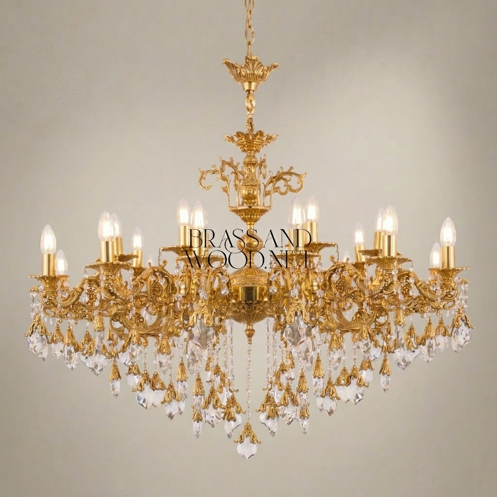 Rococo Brass & Crystal 15-Arm Grand Chandelier - Cascading Crystal Drops — Gold