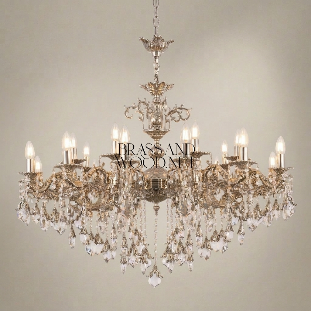 Rococo Brass & Crystal 15-Arm Grand Chandelier - Cascading Crystal Drops — Silver