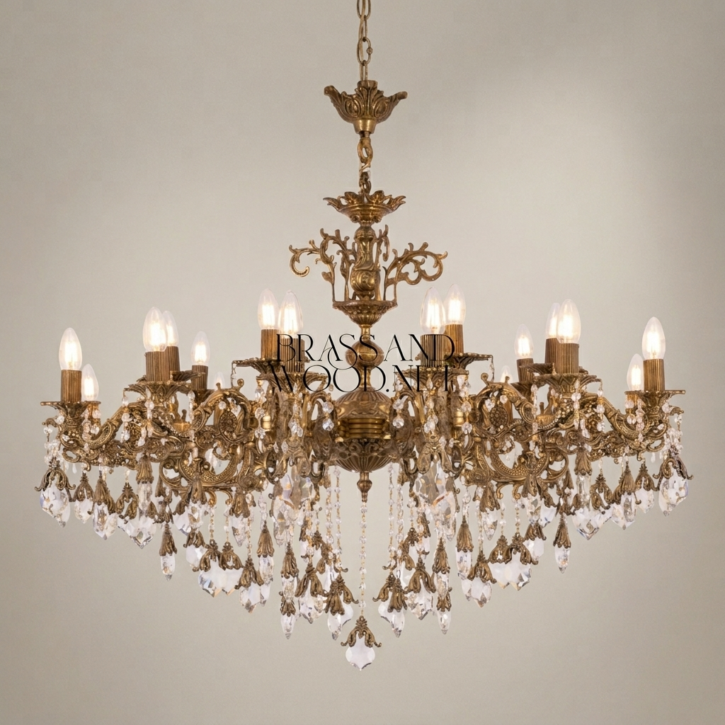Rococo Brass & Crystal 15-Arm Grand Chandelier - Cascading Crystal Drops — Antique Gold