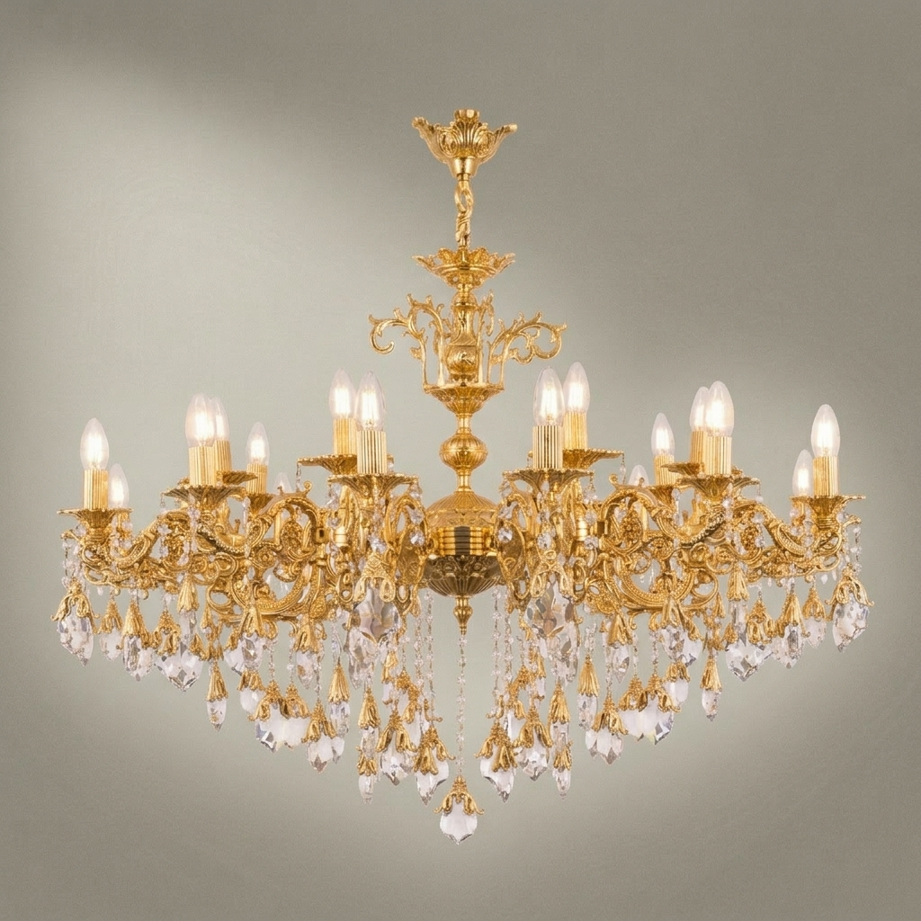 Rococo Brass & Crystal 15-Arm Grand Chandelier - Cascading Crystal Drops — Gold