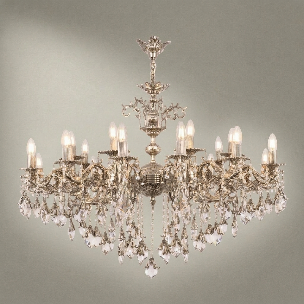 Rococo Brass & Crystal 15-Arm Grand Chandelier - Cascading Crystal Drops — Silver