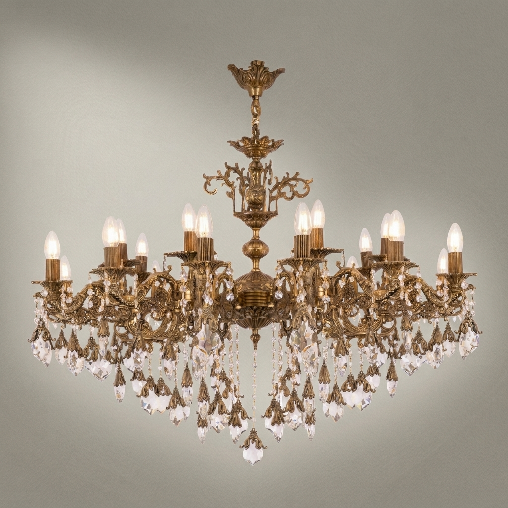 Rococo Brass & Crystal 15-Arm Grand Chandelier - Cascading Crystal Drops — Antique Gold