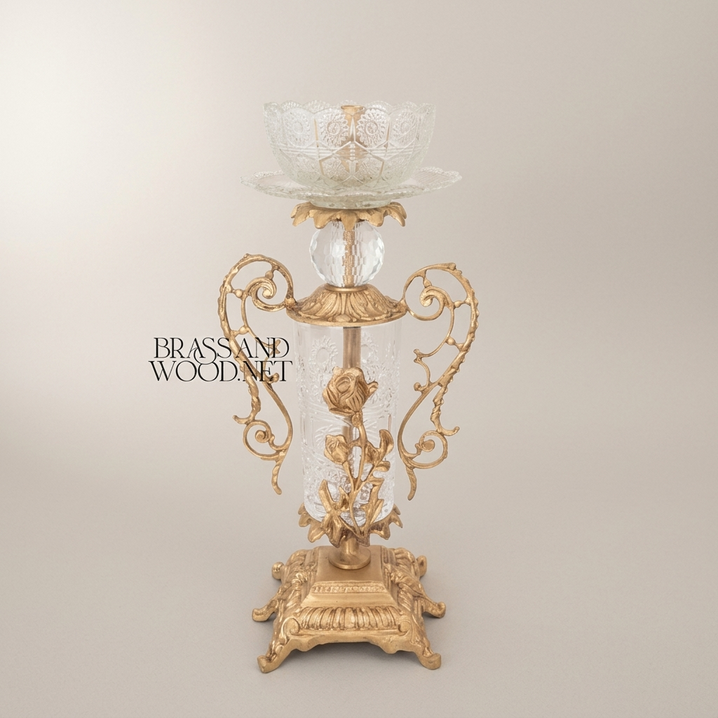 Rococo Brass & Crystal 3-Piece Clock Garniture Set with Rose Scroll Filigree — Antique Gold