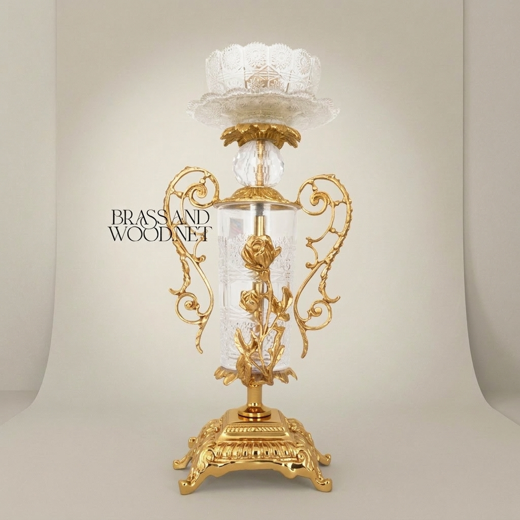 Rococo Brass & Crystal 3-Piece Clock Garniture Set with Rose Scroll Filigree — Gold
