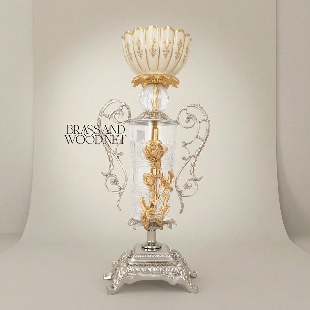 Rococo Brass & Crystal 3-Piece Clock Garniture Set with Rose Scroll Filigree — Silver