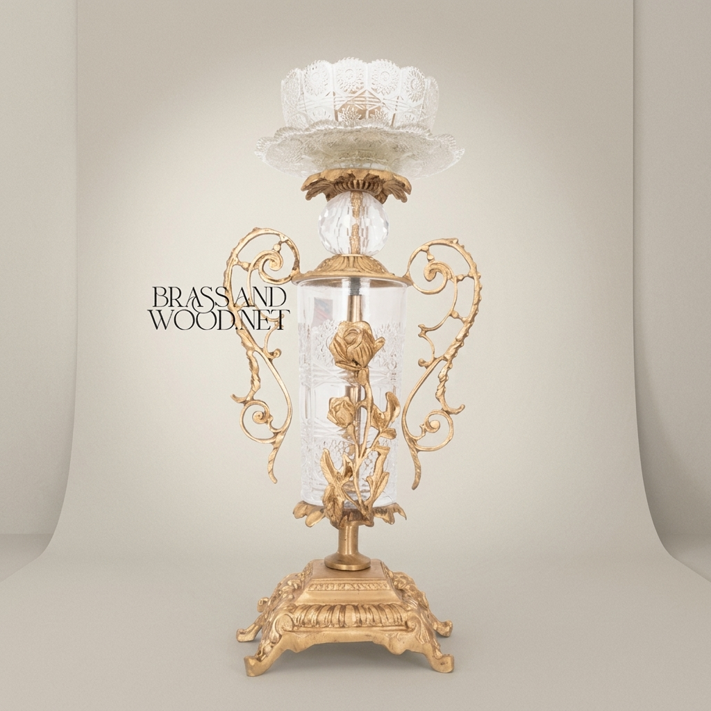Rococo Brass & Crystal 3-Piece Clock Garniture Set with Rose Scroll Filigree — Antique Gold