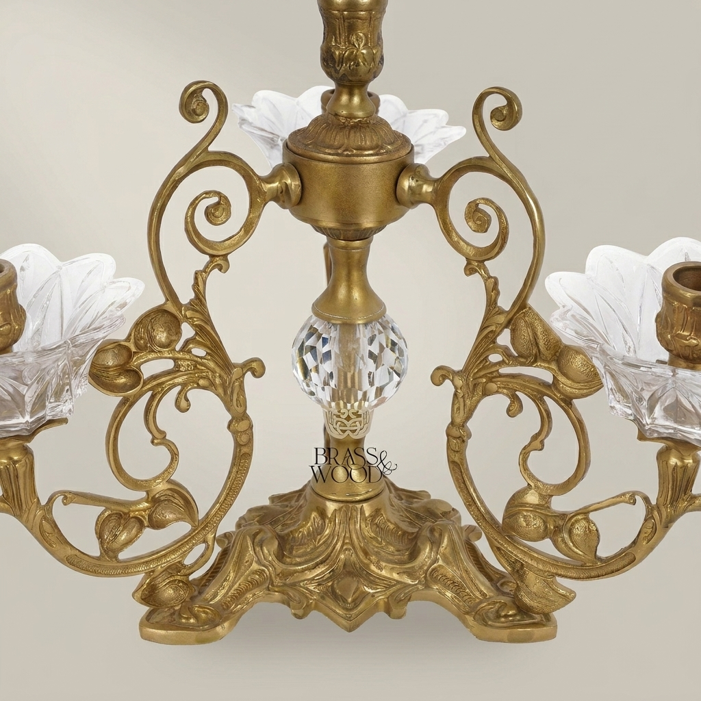 Rococo Brass & Crystal 4-Arm Candelabra with Acanthus Scroll Frame — Antique Gold