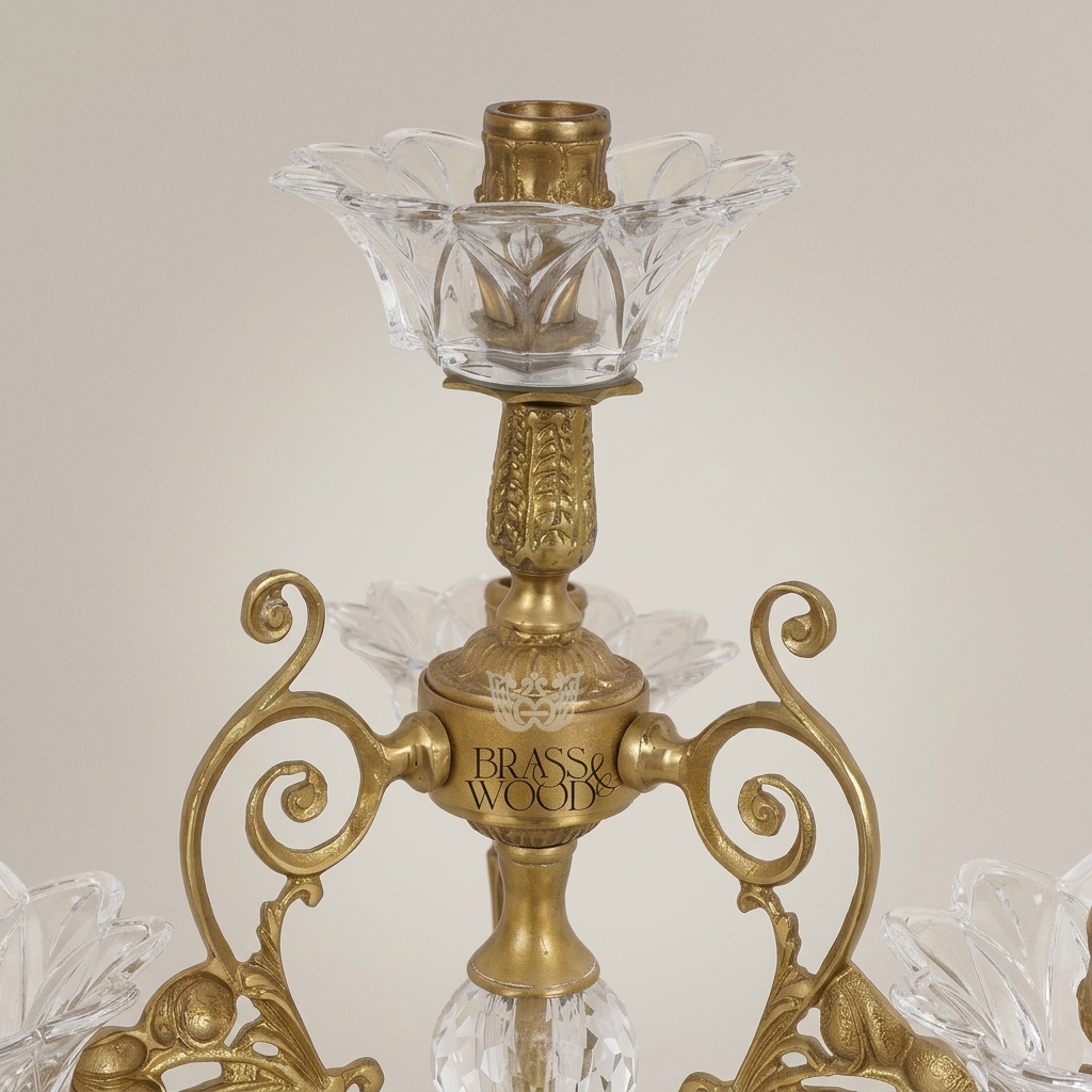 Rococo Brass & Crystal 4-Arm Candelabra with Acanthus Scroll Frame — Antique Gold