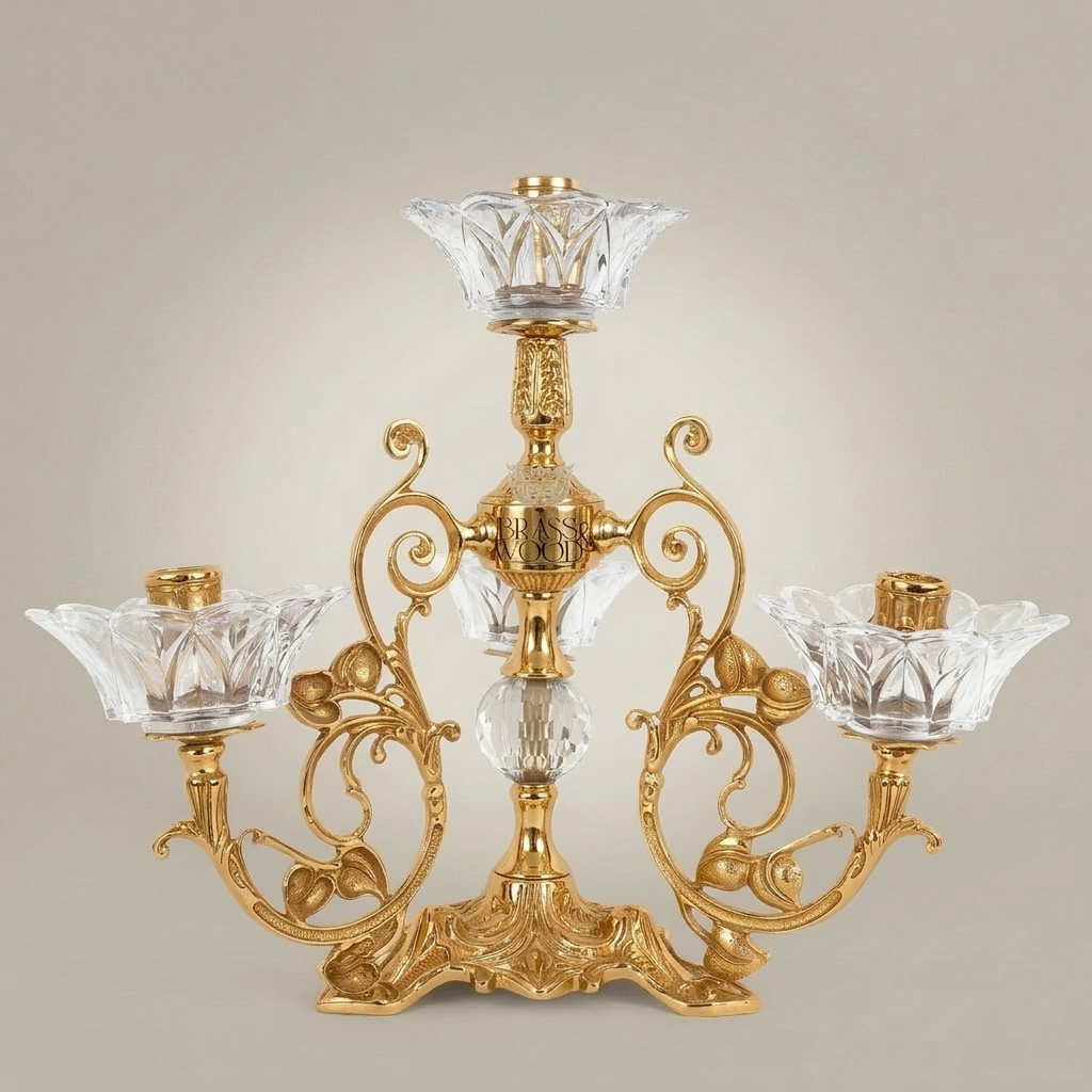 Rococo Brass & Crystal 4-Arm Candelabra with Acanthus Scroll Frame — Gold