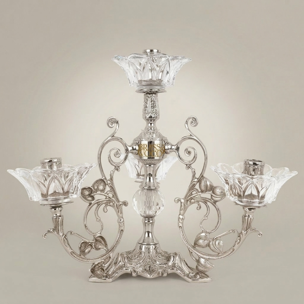 Rococo Brass & Crystal 4-Arm Candelabra with Acanthus Scroll Frame — Silver