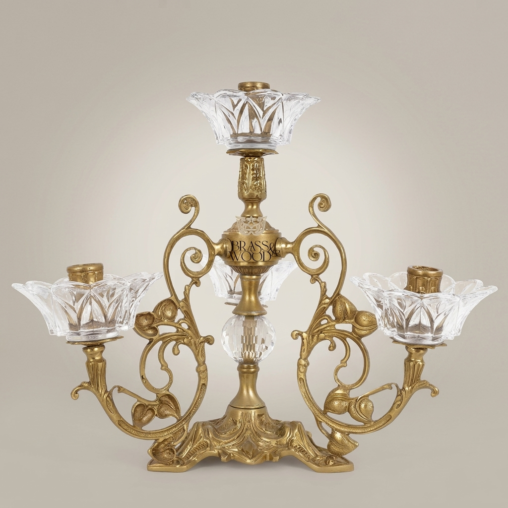 Rococo Brass & Crystal 4-Arm Candelabra with Acanthus Scroll Frame — Antique Gold