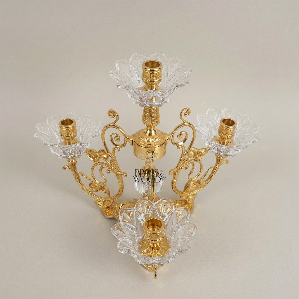 Rococo Brass & Crystal 4-Arm Candelabra with Acanthus Scroll Frame — Gold