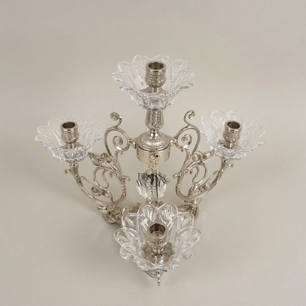 Rococo Brass & Crystal 4-Arm Candelabra with Acanthus Scroll Frame — Silver