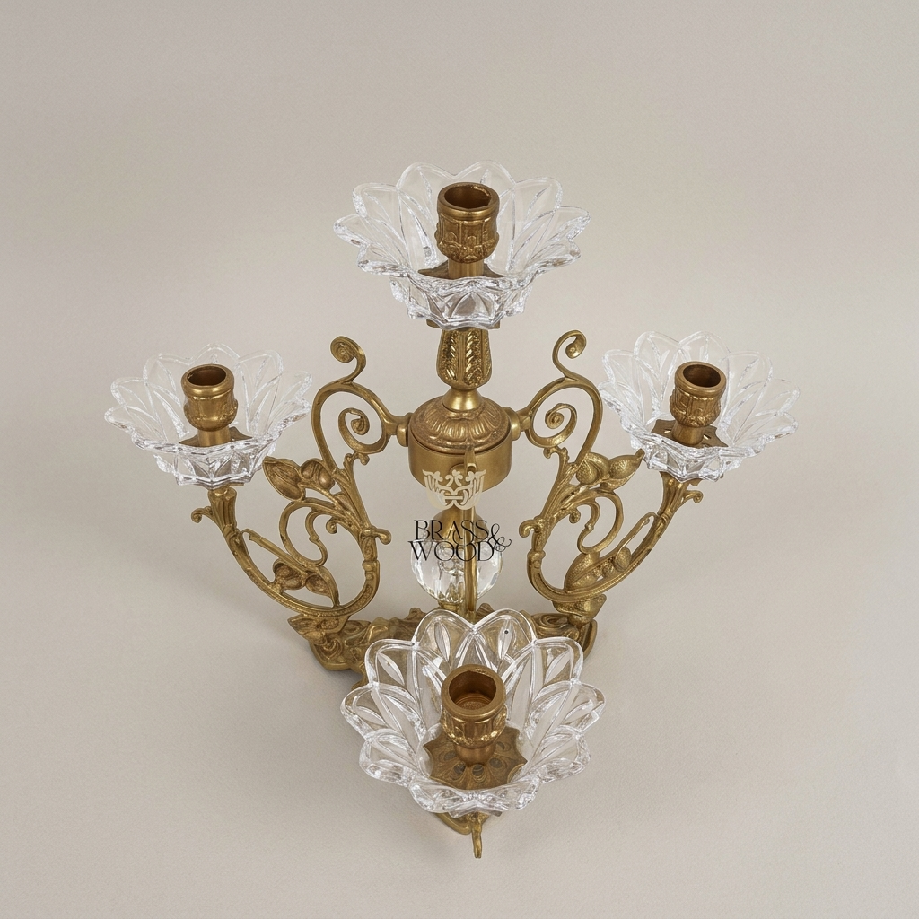 Rococo Brass & Crystal 4-Arm Candelabra with Acanthus Scroll Frame — Antique Gold