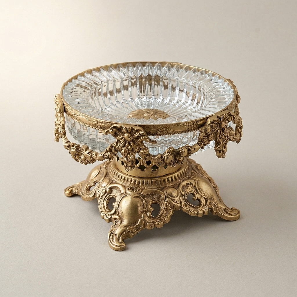 Rococo Brass & Crystal Ashtray Bowl on Ornate Scrollwork Pedestal — Antique Gold