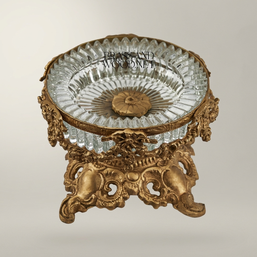 Rococo Brass & Crystal Ashtray Bowl on Ornate Scrollwork Pedestal — Antique Gold