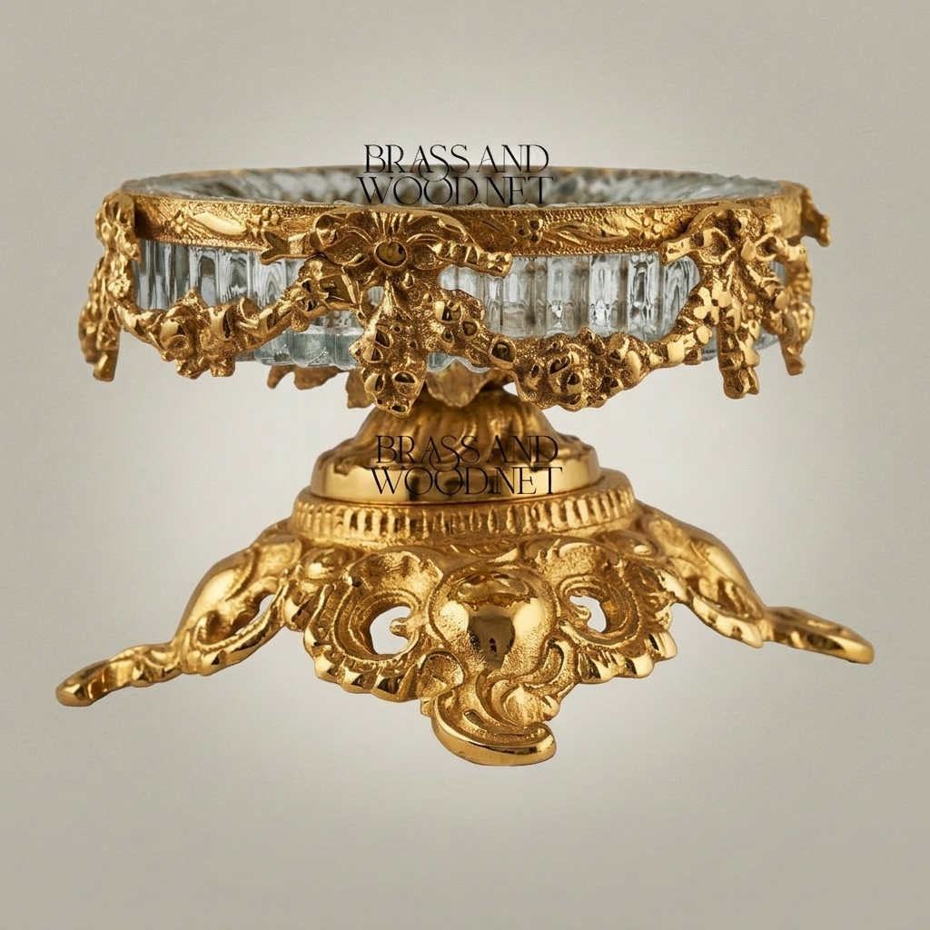 Rococo Brass & Crystal Ashtray Bowl on Ornate Scrollwork Pedestal — Gold
