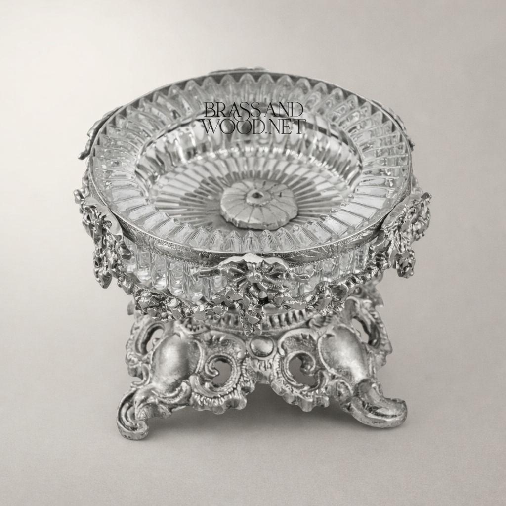 Rococo Brass & Crystal Ashtray Bowl on Ornate Scrollwork Pedestal — Silver