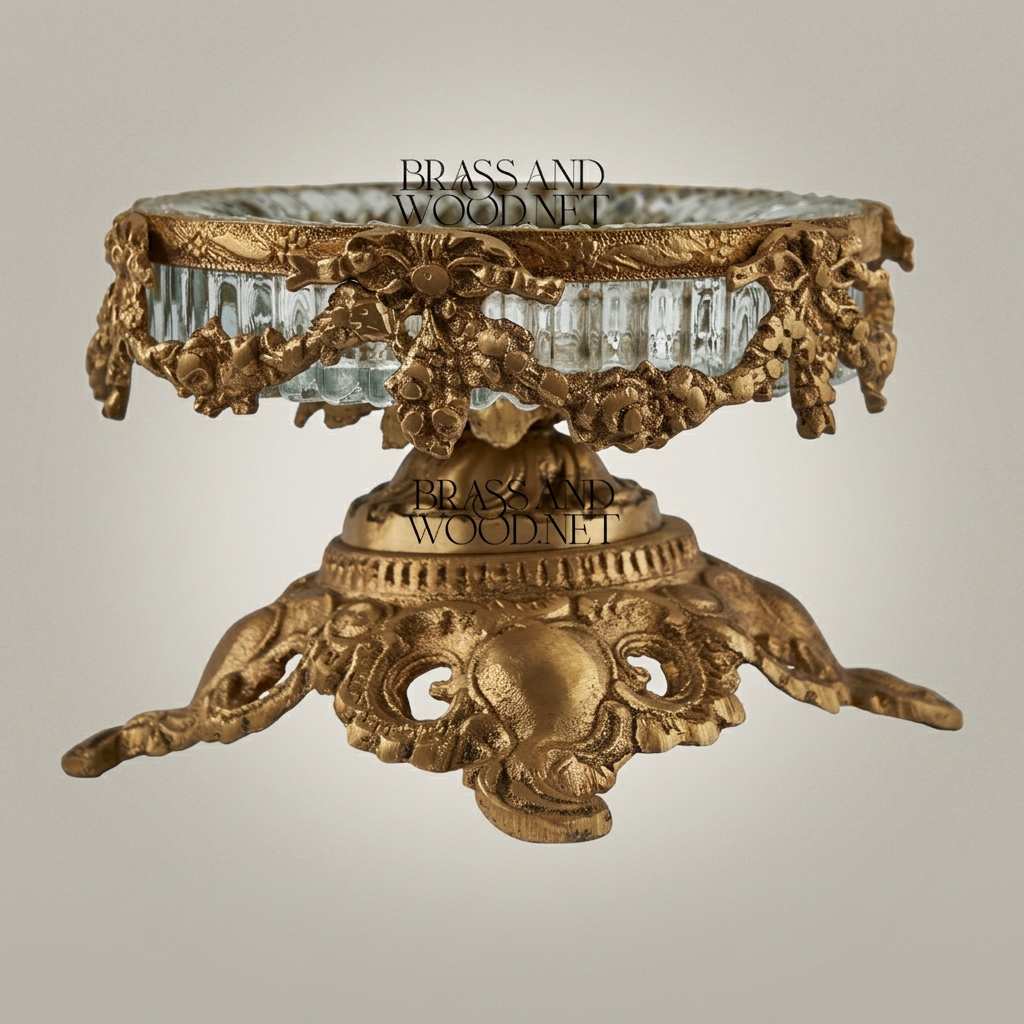 Rococo Brass & Crystal Ashtray Bowl on Ornate Scrollwork Pedestal — Antique Gold