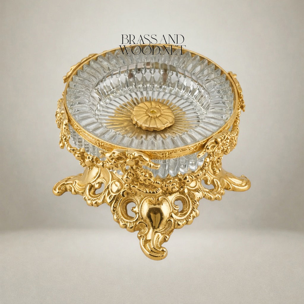 Rococo Brass & Crystal Ashtray Bowl on Ornate Scrollwork Pedestal