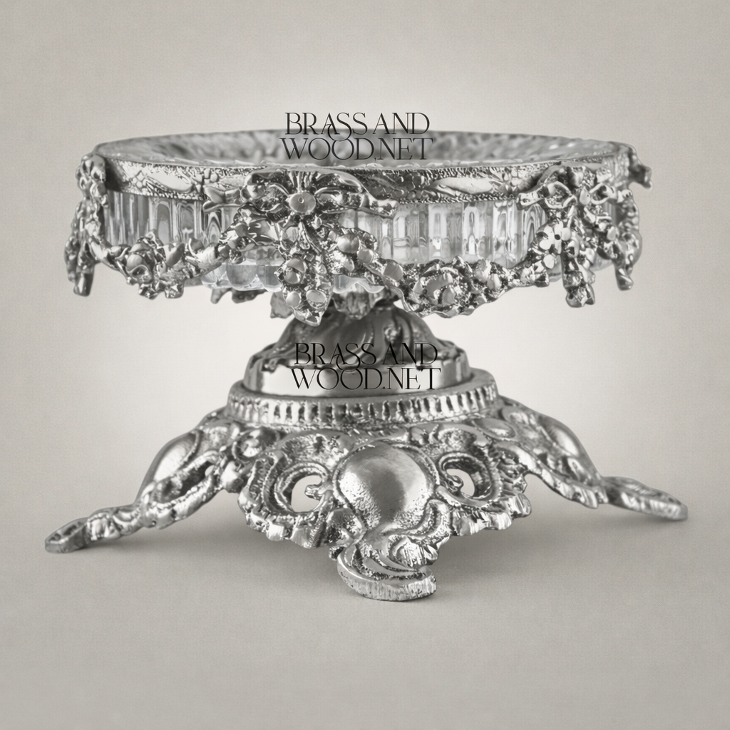 Rococo Brass & Crystal Ashtray Bowl on Ornate Scrollwork Pedestal — Silver