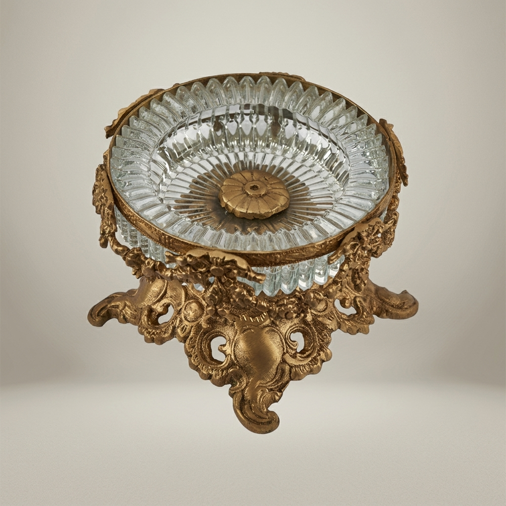 Rococo Brass & Crystal Ashtray Bowl on Ornate Scrollwork Pedestal — Antique Gold