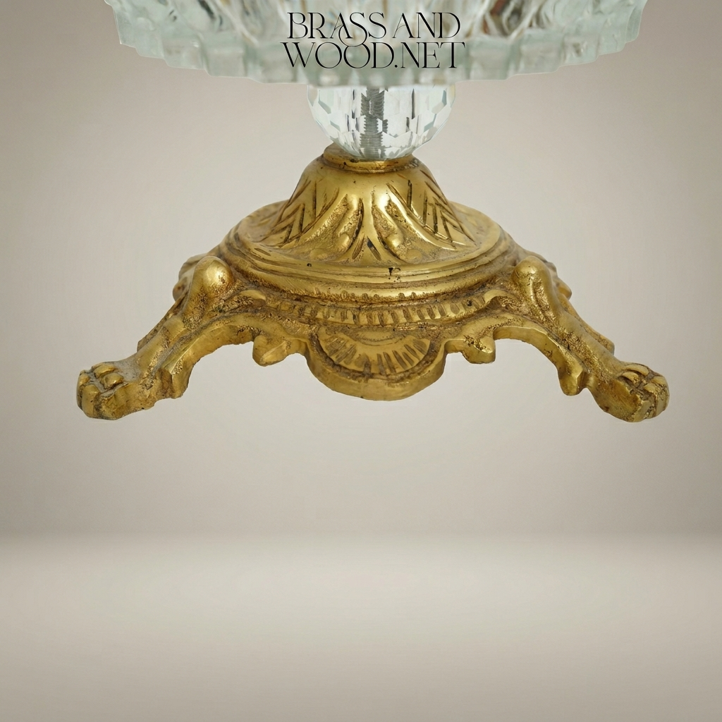 Rococo Brass & Crystal Ashtray with Leaf Handle and Claw Feet Stand — Antique Gold
