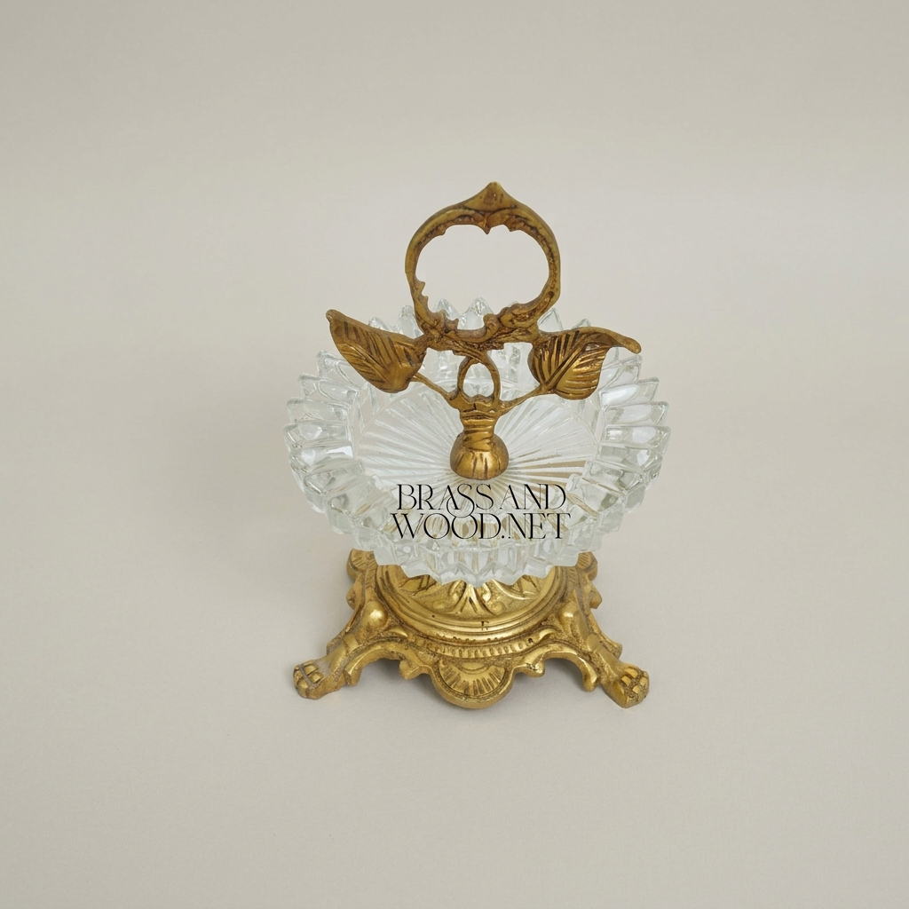 Rococo Brass & Crystal Ashtray with Leaf Handle and Claw Feet Stand — Antique Gold