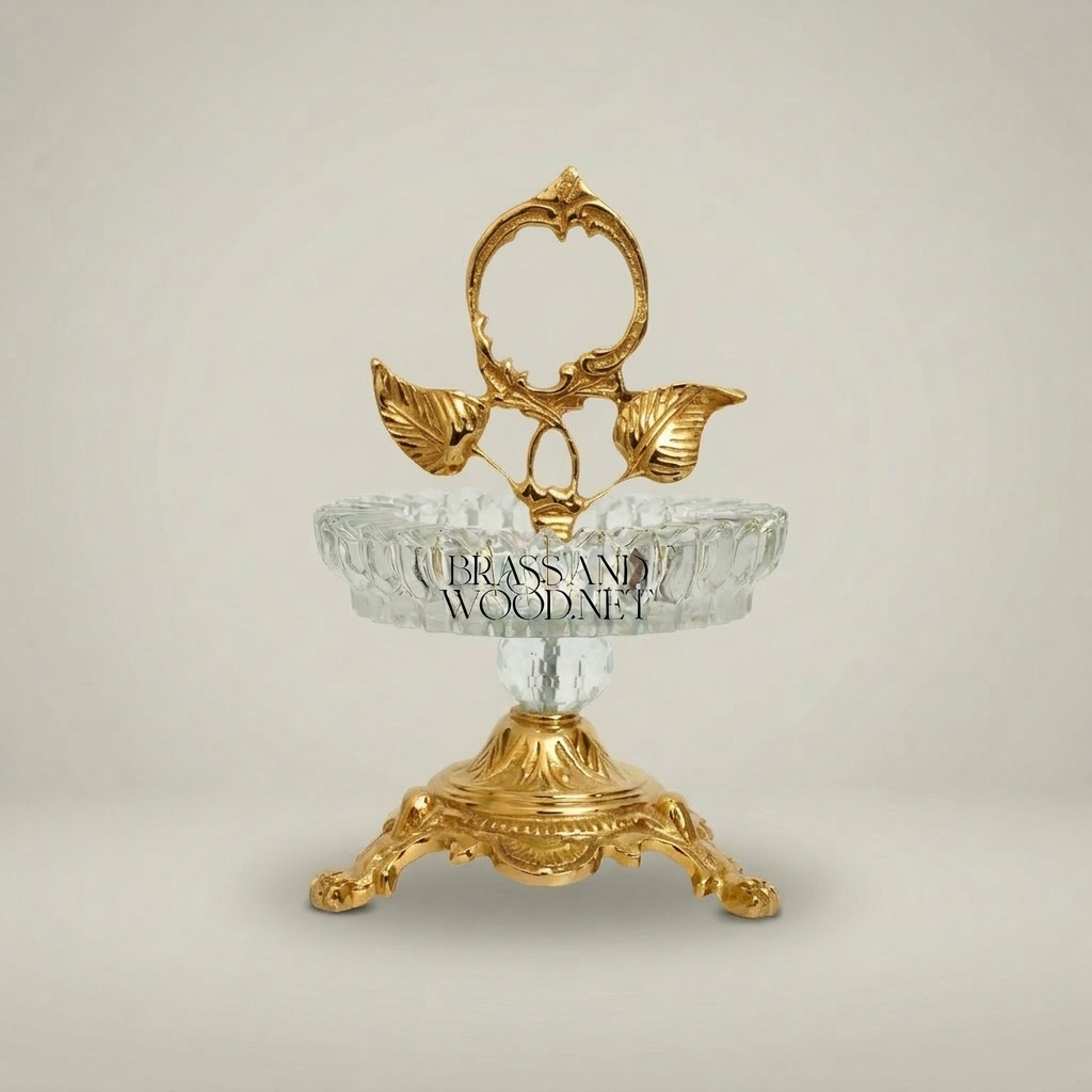 Rococo Brass & Crystal Ashtray with Leaf Handle and Claw Feet Stand