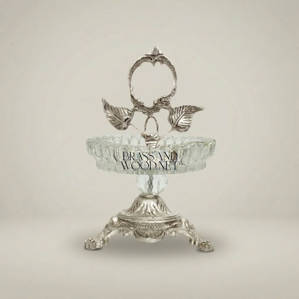 Rococo Brass & Crystal Ashtray with Leaf Handle and Claw Feet Stand — Silver