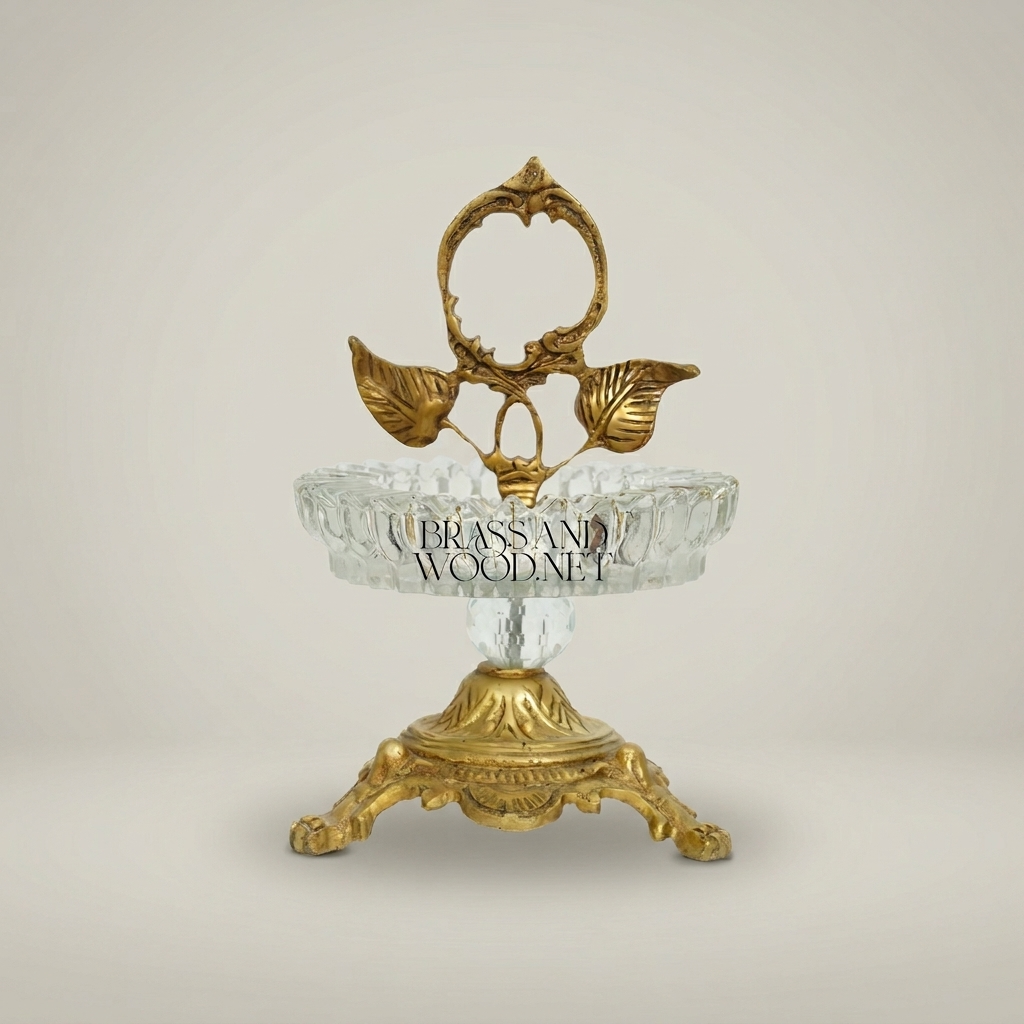 Rococo Brass & Crystal Ashtray with Leaf Handle and Claw Feet Stand — Antique Gold