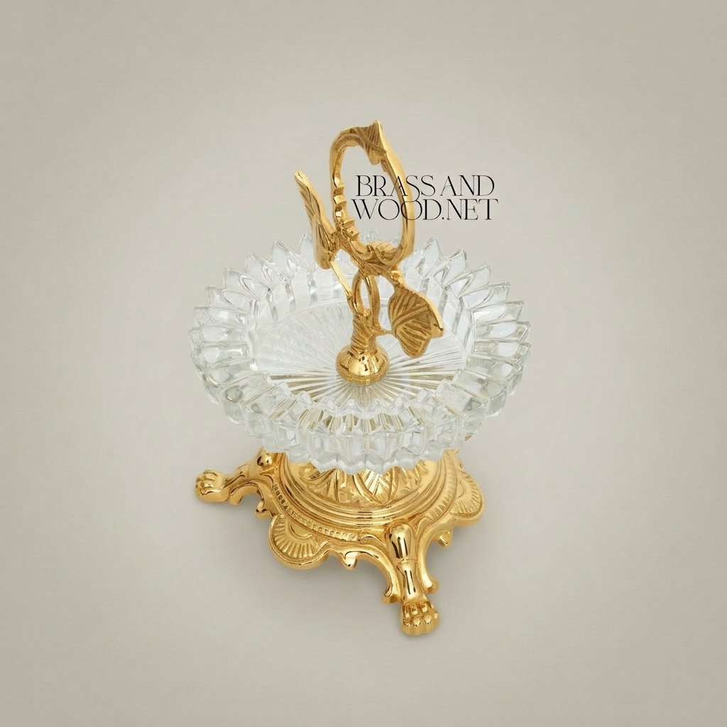 Rococo Brass & Crystal Ashtray with Leaf Handle and Claw Feet Stand — Gold