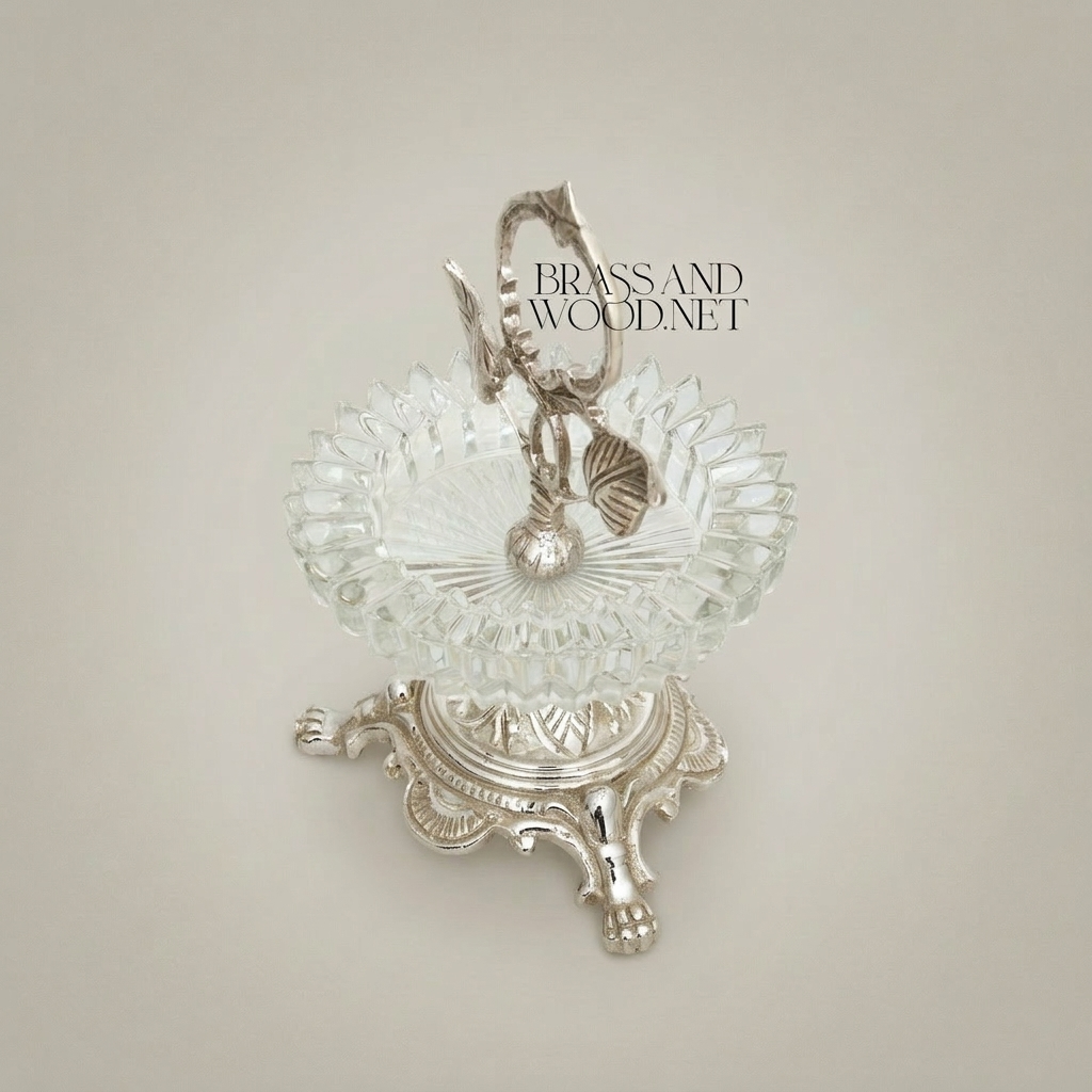Rococo Brass & Crystal Ashtray with Leaf Handle and Claw Feet Stand — Silver
