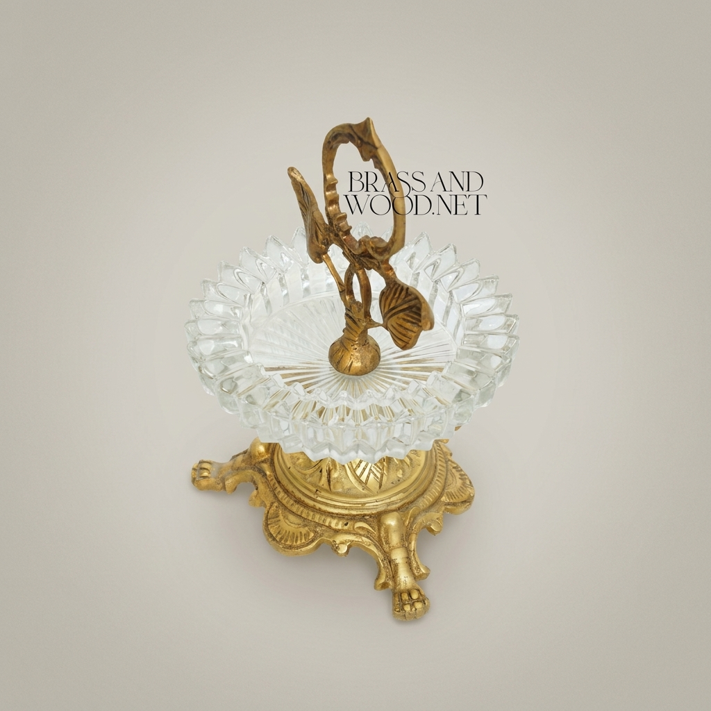 Rococo Brass & Crystal Ashtray with Leaf Handle and Claw Feet Stand — Antique Gold