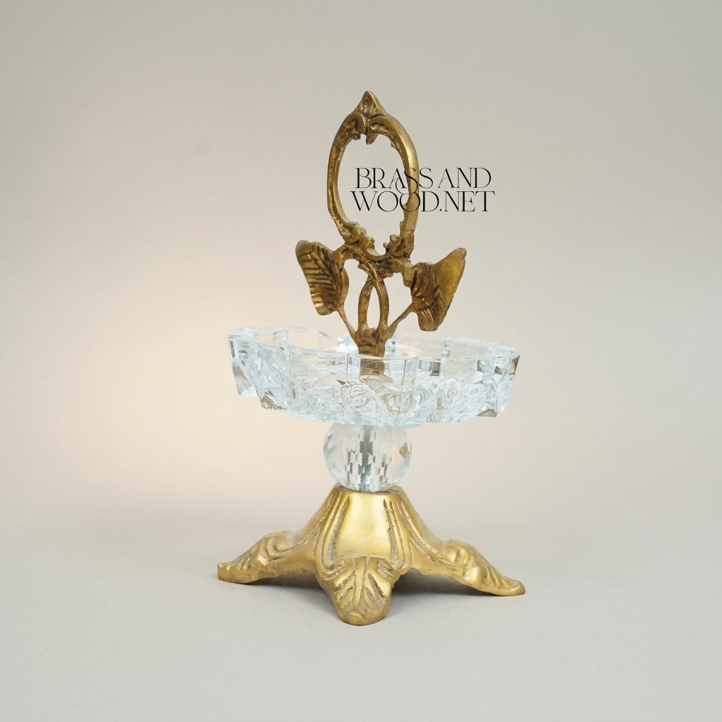 Rococo Brass & Crystal Ashtray Stand with Leaf Crown and Faceted Sphere — Antique Gold