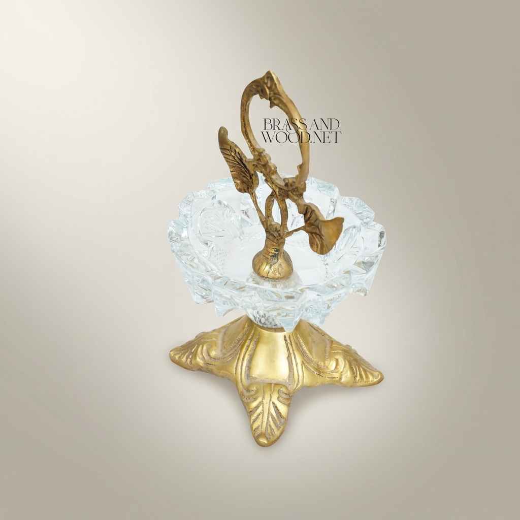 Rococo Brass & Crystal Ashtray Stand with Leaf Crown and Faceted Sphere — Antique Gold