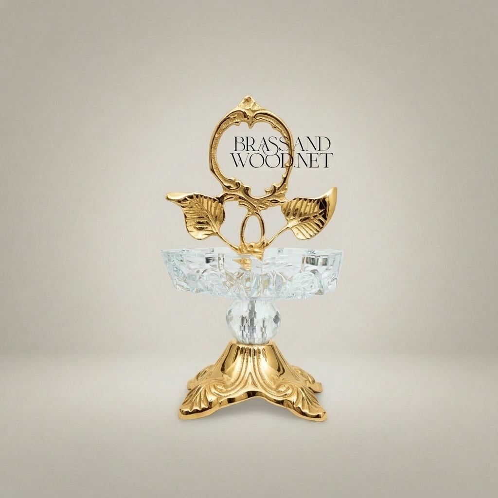 Rococo Brass & Crystal Ashtray Stand with Leaf Crown and Faceted Sphere — Gold
