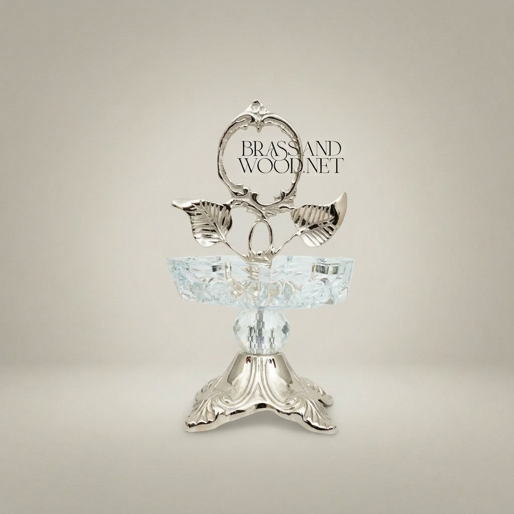 Rococo Brass & Crystal Ashtray Stand with Leaf Crown and Faceted Sphere — Silver
