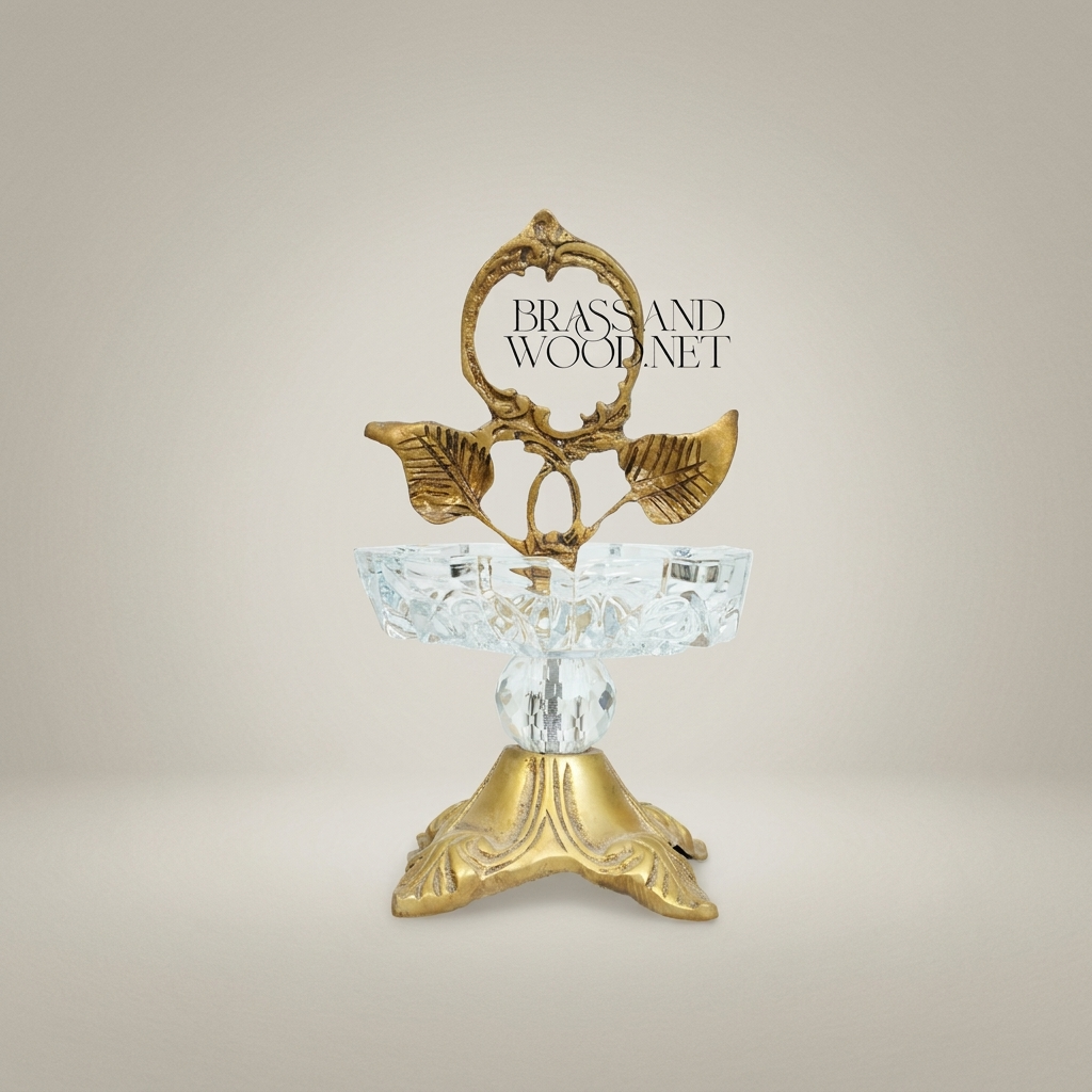 Rococo Brass & Crystal Ashtray Stand with Leaf Crown and Faceted Sphere — Antique Gold