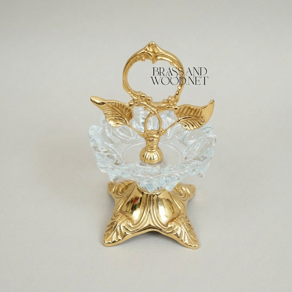 Rococo Brass & Crystal Ashtray Stand with Leaf Crown and Faceted Sphere — Gold