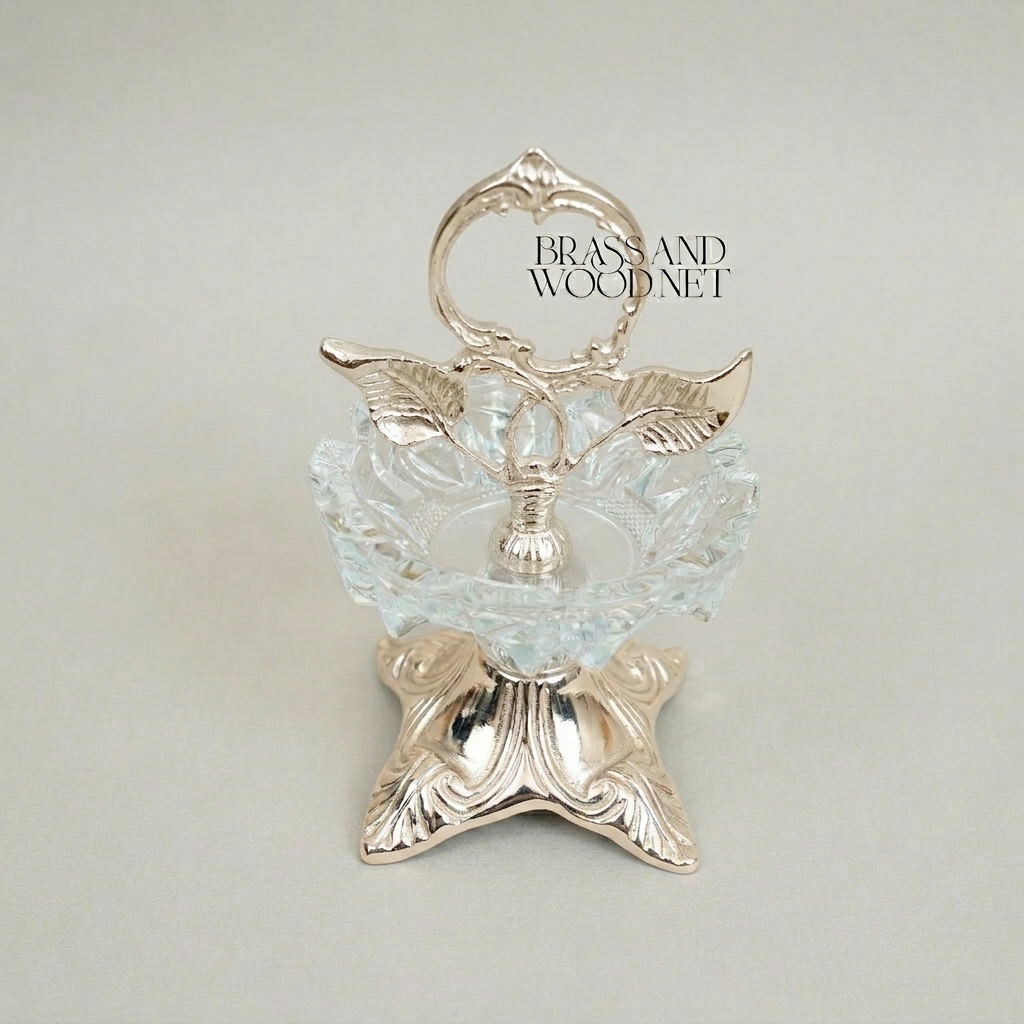Rococo Brass & Crystal Ashtray Stand with Leaf Crown and Faceted Sphere — Silver
